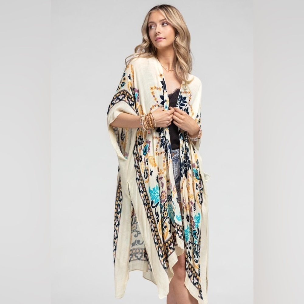 Festival Mandala and Floral Motif with Border Outline Kimono with Side Slits OS - Picture 3 of 5